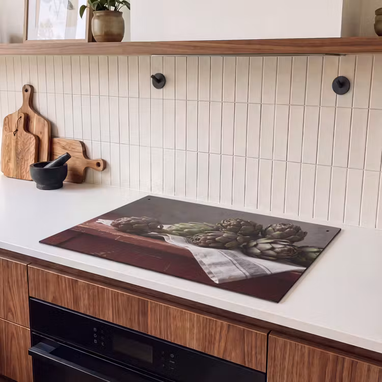 Induction Hob Cover & Splashback (2-in-1) - Artichoke - Food - Rustic - Artisjok - Eten - Rustiek Inductie beschemer met haakjes klein