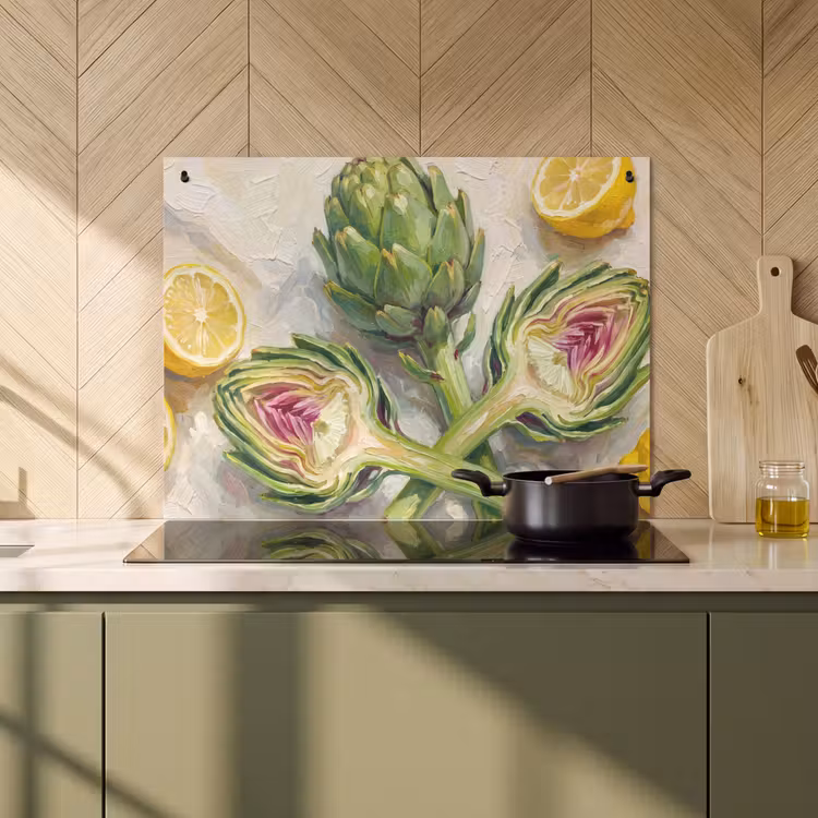Induction Hob Cover & Splashback (2-in-1) - Artichoke - Lemon - Food - Artisjok - Citroen - Eten Inductie beschemer met haakjes klein