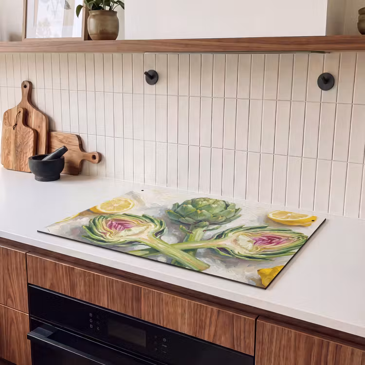 Induction Hob Cover & Splashback (2-in-1) - Artichoke - Lemon - Food - Artisjok - Citroen - Eten Inductie beschemer met haakjes klein