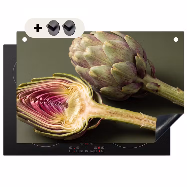 Induction Hob Cover & Splashback (2-in-1) - Artichoke - Purple - Food - Artisjok - Paars - Voedsel Inductie beschemer met haakjes klein