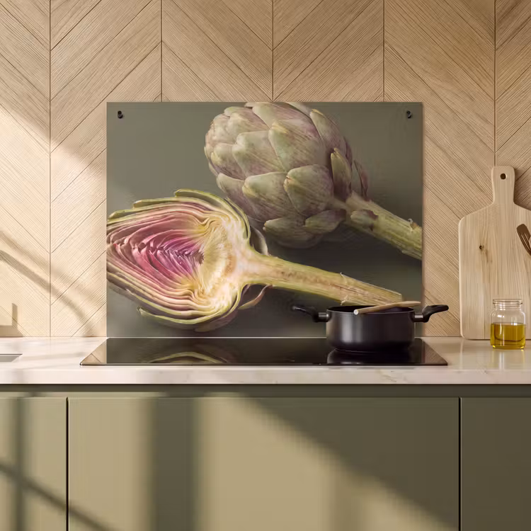 Induction Hob Cover & Splashback (2-in-1) - Artichoke - Purple - Food - Artisjok - Paars - Voedsel Inductie beschemer met haakjes klein