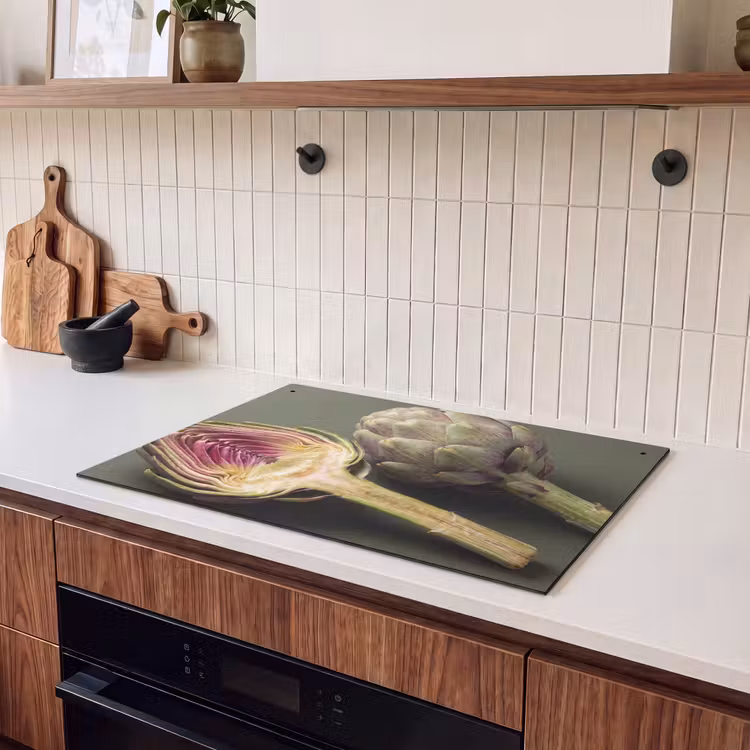Induction Hob Cover & Splashback (2-in-1) - Artichoke - Purple - Food - Artisjok - Paars - Voedsel Inductie beschemer met haakjes klein