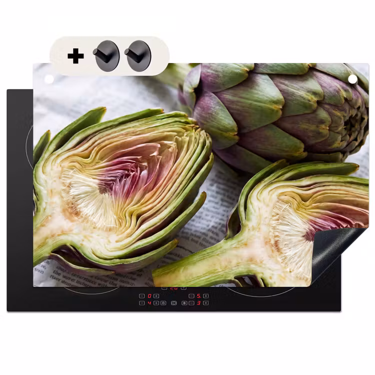 Induction Hob Cover & Splashback (2-in-1) - Artichoke - Sliced - Food - Artisjok - Doorgesneden - Eten Inductie beschemer met haakjes klein