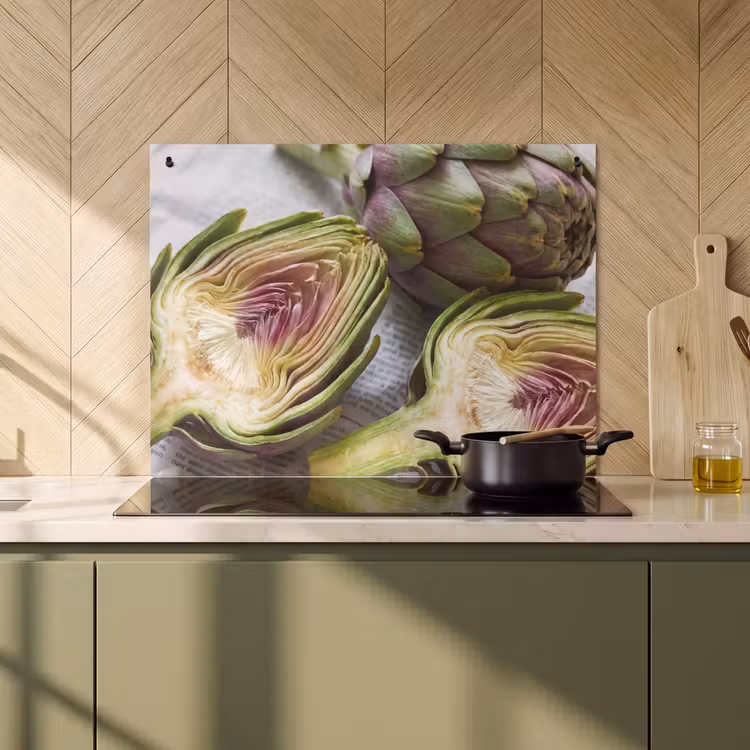 Induction Hob Cover & Splashback (2-in-1) - Artichoke - Sliced - Food - Artisjok - Doorgesneden - Eten Inductie beschemer met haakjes klein