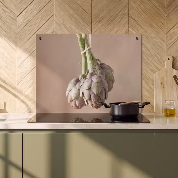 Induction Hob Cover & Splashback (2-in-1) - Artichokes - Hanging - Vegetables - Artisjokken - Hangend - Groenten Inductie beschemer met haakjes klein