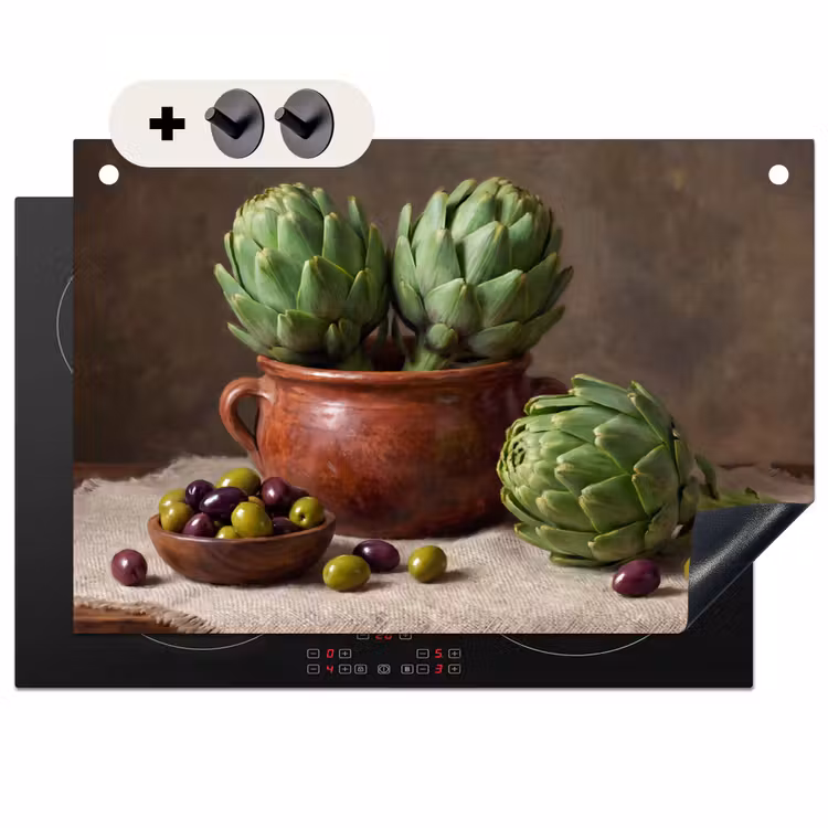 Induction Hob Cover & Splashback (2-in-1) - Artichokes - Olives - Food - Artisjokken - Olijven - Eten Inductie beschemer met haakjes klein