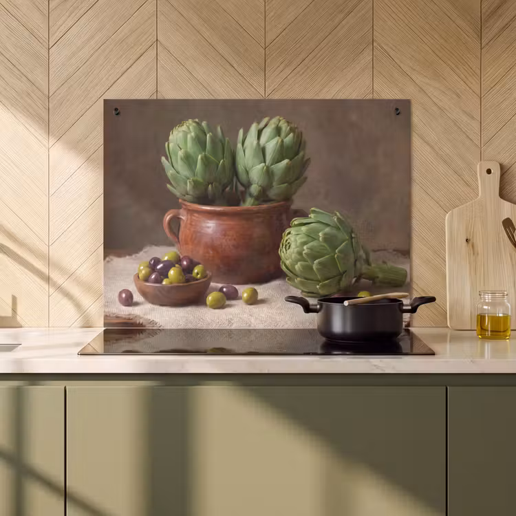 Induction Hob Cover & Splashback (2-in-1) - Artichokes - Olives - Food - Artisjokken - Olijven - Eten Inductie beschemer met haakjes klein