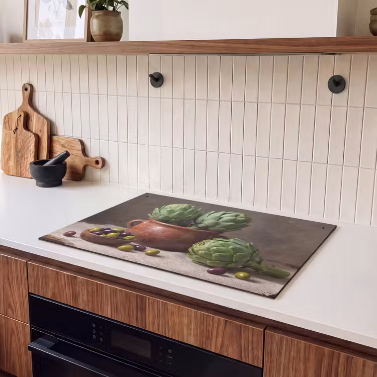 Induction Hob Cover & Splashback (2-in-1) - Artichokes - Olives - Food - Artisjokken - Olijven - Eten Inductie beschemer met haakjes klein