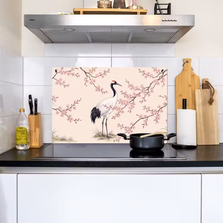 Aziatisch - Kraanvogel - Beige Inductie beschemer met haakjes klein -sfeer2
