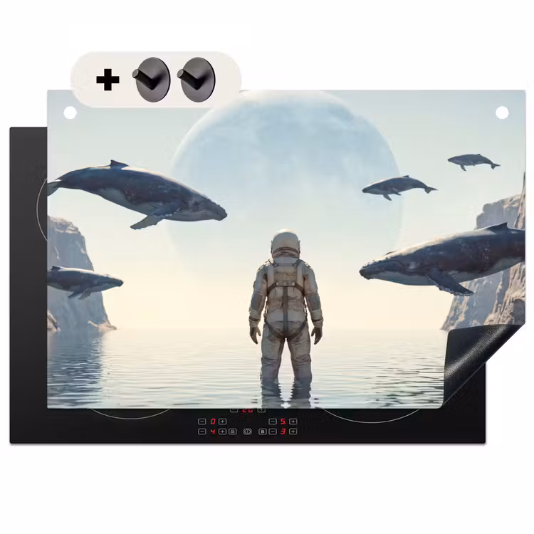 Induction Hob Cover & Splashback (2-in-1) - Astronaut - Whale - Fantasy - Ruimtevaarder - Walvis - Fantasie Inductie beschemer met haakjes klein