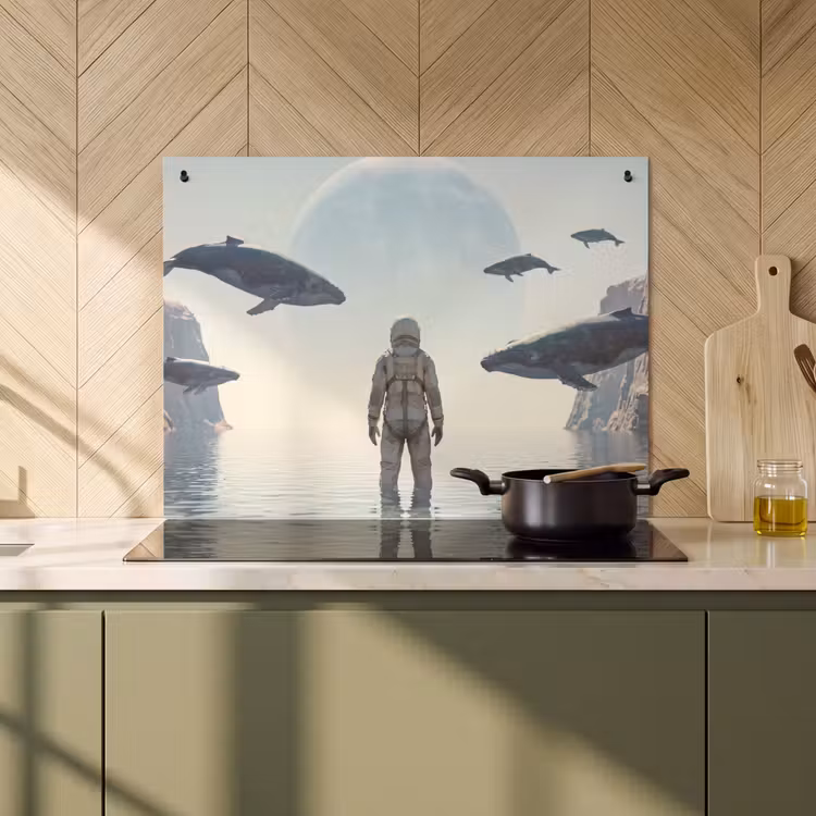 Induction Hob Cover & Splashback (2-in-1) - Astronaut - Whale - Fantasy - Ruimtevaarder - Walvis - Fantasie Inductie beschemer met haakjes klein