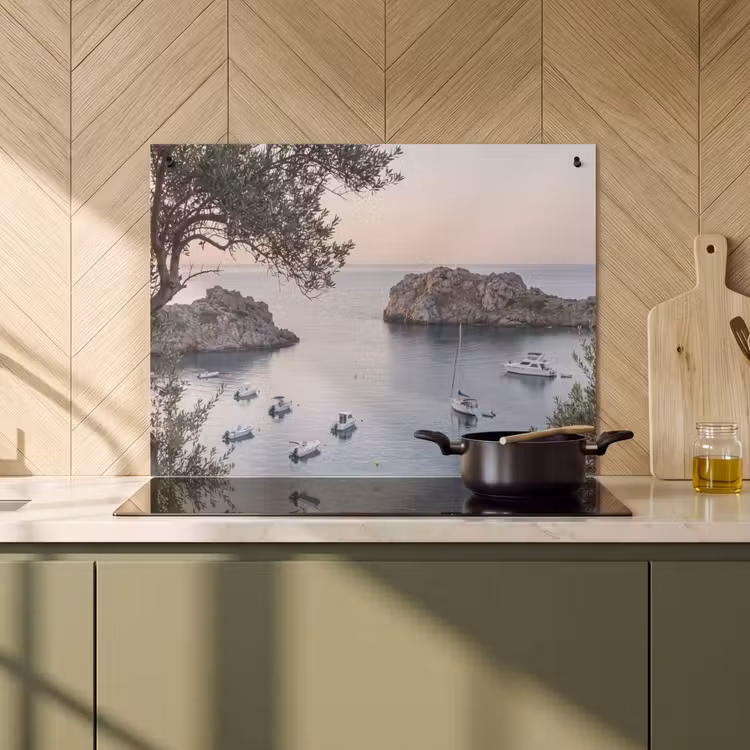 Induction Hob Cover & Splashback (2-in-1) - Bay - boats - sunset - Baai - boten - zonsondergang Inductie beschemer met haakjes klein