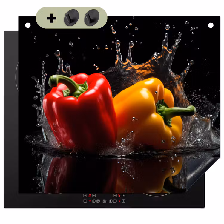 Paprika - Water - Zwart - Groente - Rood - Geel Inductie beschemer met haakjes middel -3d