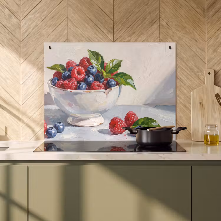 Induction Hob Cover & Splashback (2-in-1) - Berries - Bowl - Food - Bessen - Kom - Eten Inductie beschemer met haakjes klein