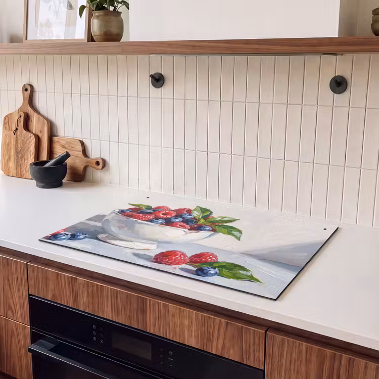Induction Hob Cover & Splashback (2-in-1) - Berries - Bowl - Food - Bessen - Kom - Eten Inductie beschemer met haakjes klein