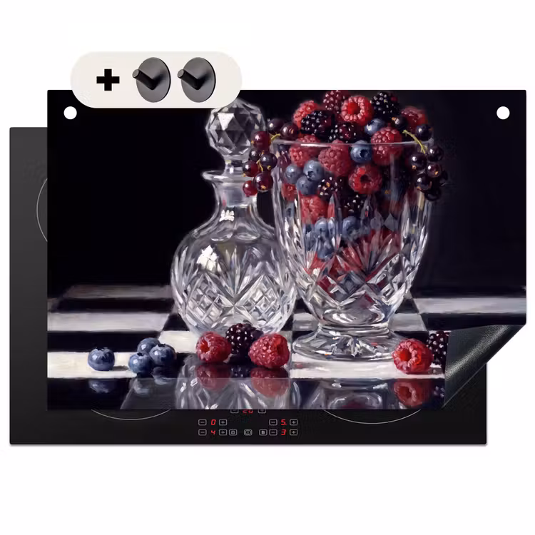 Induction Hob Cover & Splashback (2-in-1) - Berries - Crystal - Still Life - Bessen - Kristal - Stilleven Inductie beschemer met haakjes klein