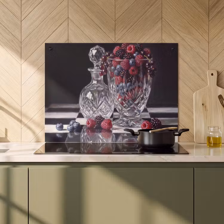 Induction Hob Cover & Splashback (2-in-1) - Berries - Crystal - Still Life - Bessen - Kristal - Stilleven Inductie beschemer met haakjes klein