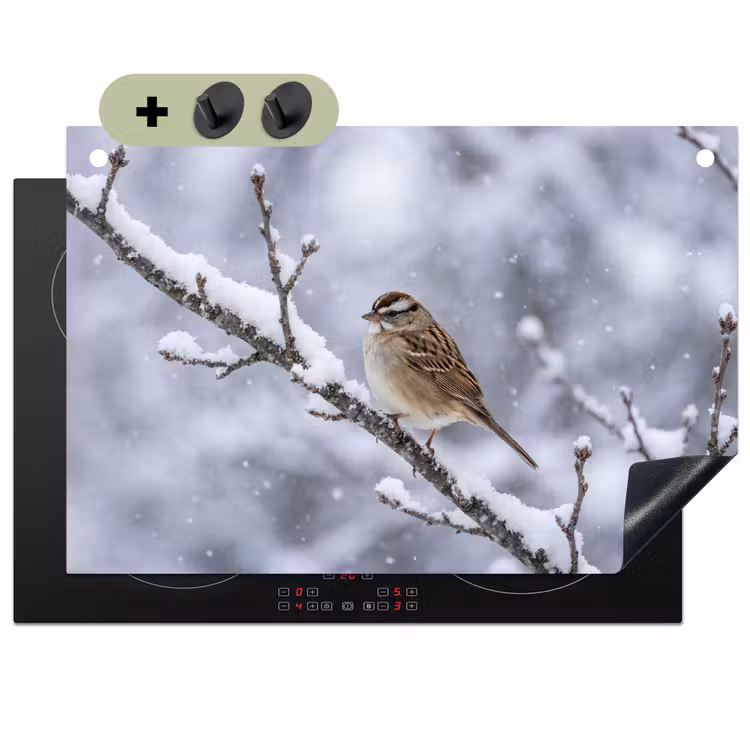 Vogel - Tak - Sneeuw - Winter Inductie beschemer met haakjes klein -3d