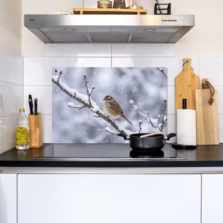 Vogel - Tak - Sneeuw - Winter Inductie beschemer met haakjes klein -sfeer2