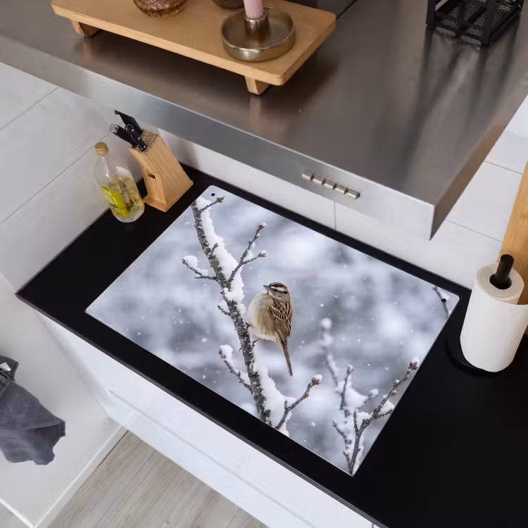 Vogel - Tak - Sneeuw - Winter Inductie beschemer met haakjes klein -sfeer1