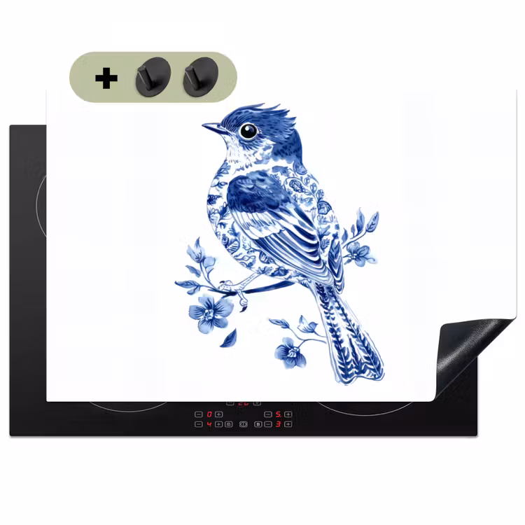 Vogel - Delfts blauw - Illustratie - Bloemen Inductie beschemer met haakjes klein -3d