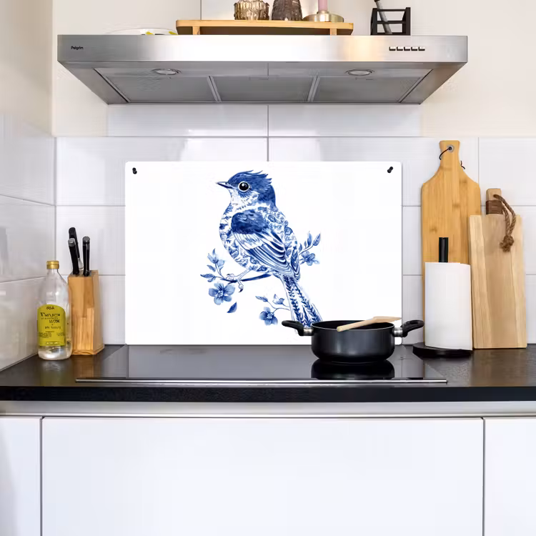 Vogel - Delfts blauw - Illustratie - Bloemen Inductie beschemer met haakjes klein -sfeer2