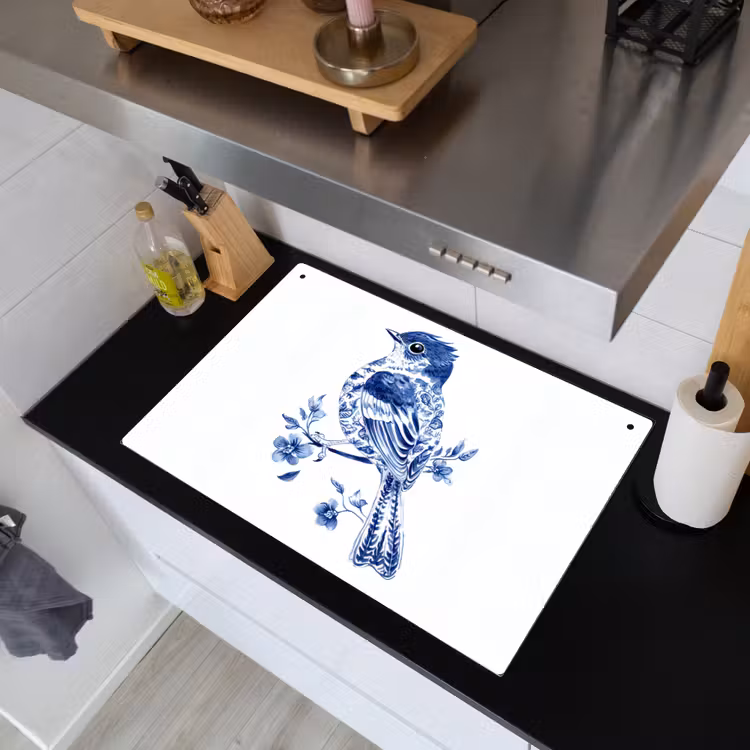 Vogel - Delfts blauw - Illustratie - Bloemen Inductie beschemer met haakjes klein -sfeer1