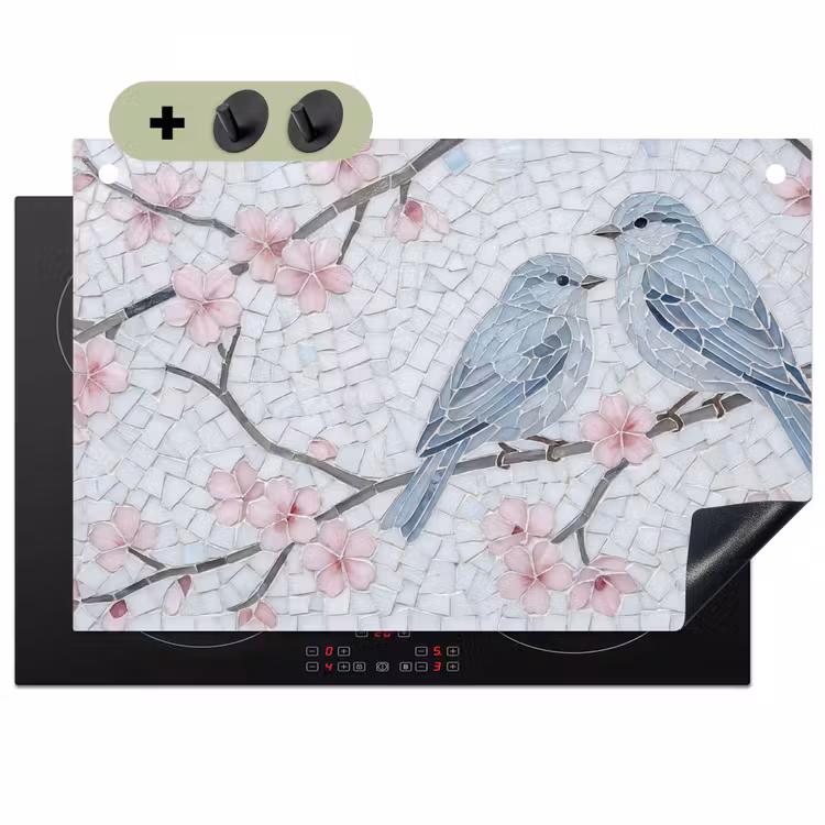 Vogel - Bloemen - Natuur - Mozaïek - Roze Inductie beschemer met haakjes klein -3d