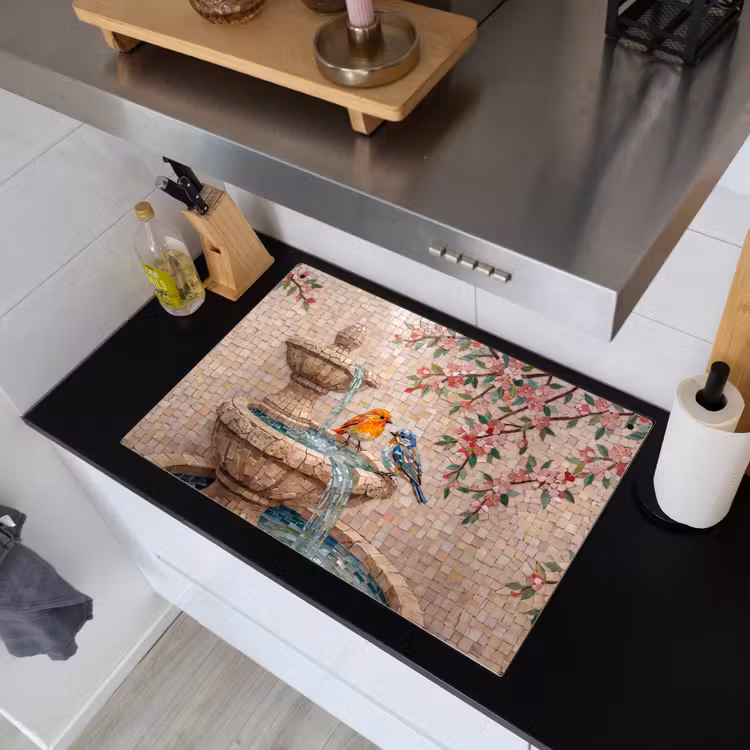 Vogel - fontein - mozaiek - kleurrijk - dieren Inductie beschemer met haakjes klein -sfeer1
