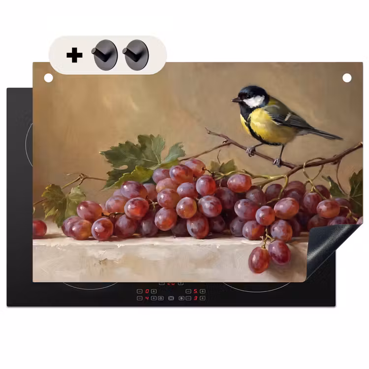 Induction Hob Cover & Splashback (2-in-1) - Bird - Grapes - Still Life - Vogel - Druiven - Stilleven Inductie beschemer met haakjes klein