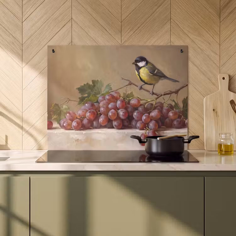 Induction Hob Cover & Splashback (2-in-1) - Bird - Grapes - Still Life - Vogel - Druiven - Stilleven Inductie beschemer met haakjes klein