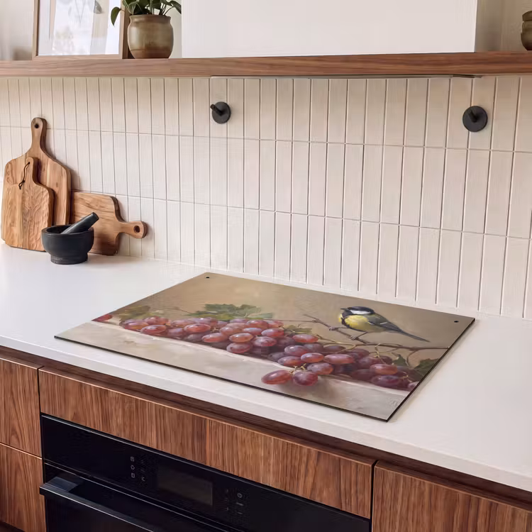 Induction Hob Cover & Splashback (2-in-1) - Bird - Grapes - Still Life - Vogel - Druiven - Stilleven Inductie beschemer met haakjes klein