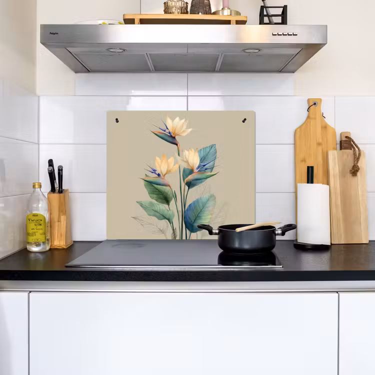 Paradijsvogelbloemen - Blauwgroene bladeren - Beige Inductie beschemer met haakjes middel -sfeer2