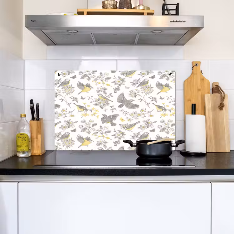 Birds - Flowers - Gray - Yellow Inductie beschemer met haakjes klein 777 -sfeer2