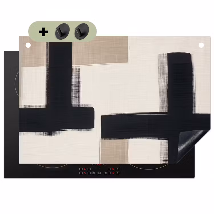 Zwart - Abstract - Japandi Inductie beschemer met haakjes klein -3d
