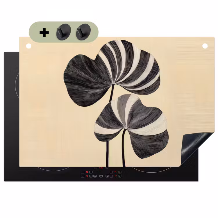 Zwart - Bladeren - Strepen - Minimalistisch Inductie beschemer met haakjes klein -3d