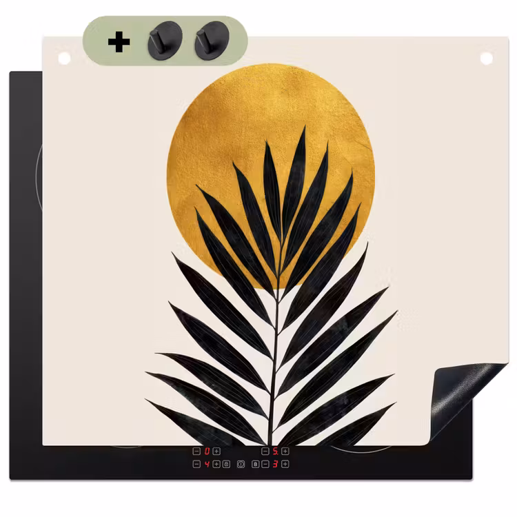 Zwart palmblad - Gouden cirkel - Beige achtergrond Inductie beschemer met haakjes middel -3d
