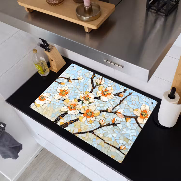 Bloesems - Wit - Mozaïek - Tak Inductie beschemer met haakjes klein -sfeer1
