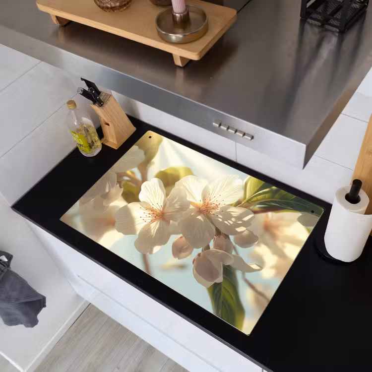 Bloesems - Wit - Zonnestralen - Bloemblaadjes Inductie beschemer met haakjes klein -sfeer1