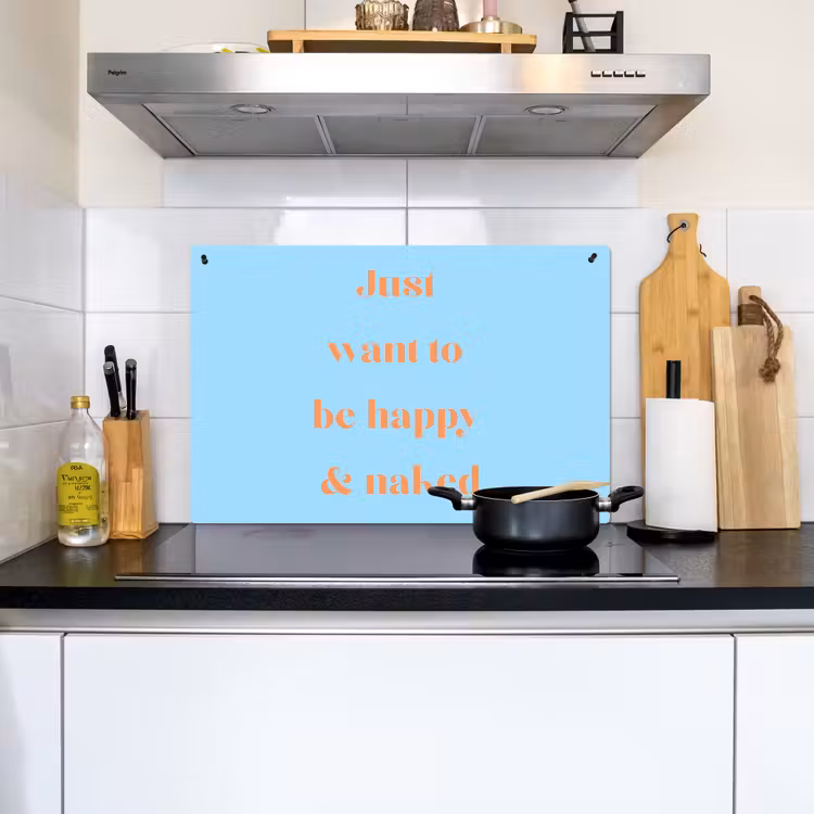 Blauw - Oranje - Just want to be happy & naked Inductie beschemer met haakjes klein -sfeer2