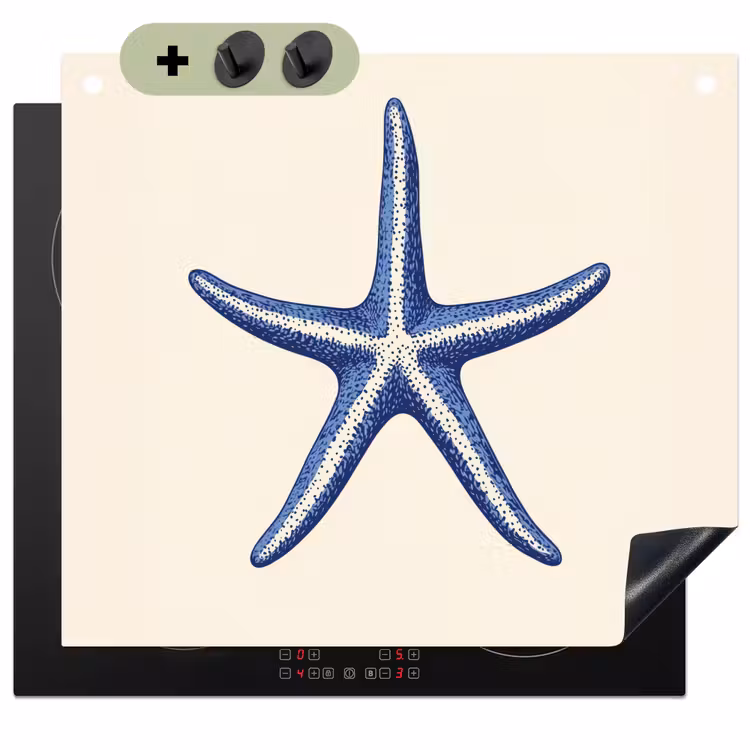 Blauwe zeester - Minimalistisch - Beige Inductie beschemer met haakjes middel -3d
