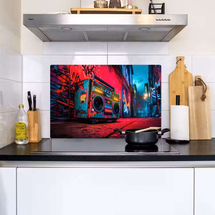 Boombox - Rood - Graffiti - Neon Inductie beschemer met haakjes klein -sfeer2