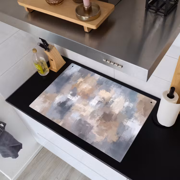 Penseelstreken - Schilderij - Beige Inductie beschemer met haakjes klein -sfeer1