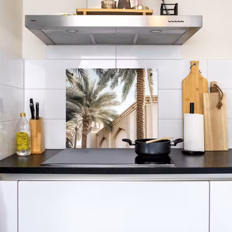 Gebouw - Palmbomen - Beige - Zon Inductie beschemer met haakjes middel -sfeer2