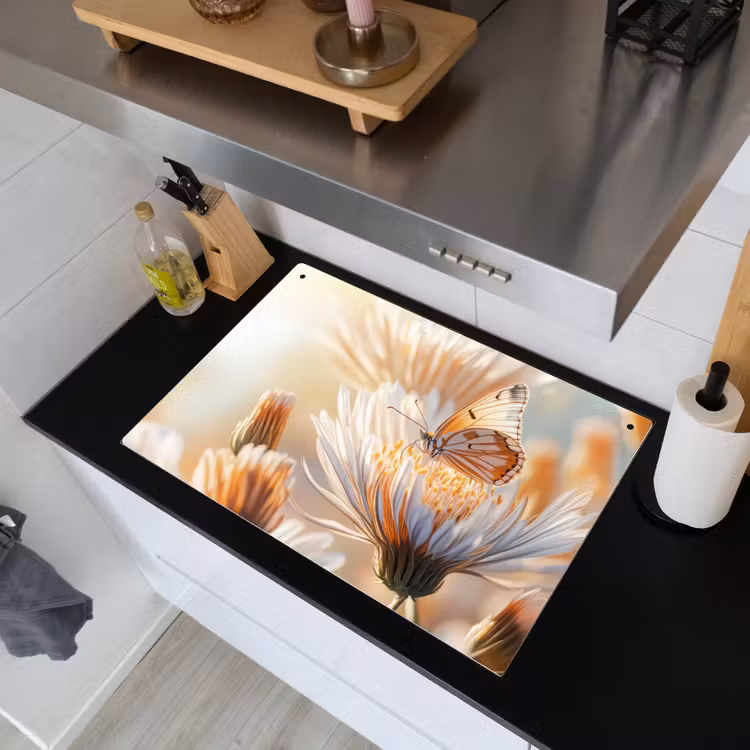 Vlinder - Bloem - Oranje Inductie beschemer met haakjes klein -sfeer1