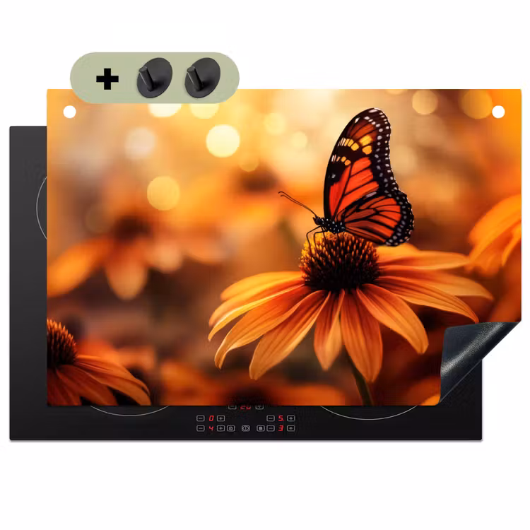Vlinder - Bloemen - Oranje Inductie beschemer met haakjes klein -3d