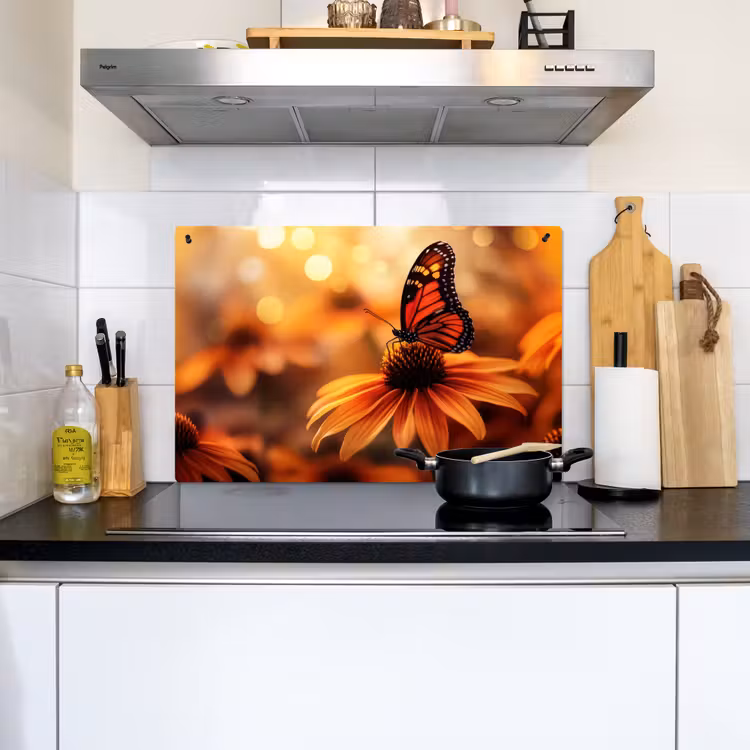Vlinder - Bloemen - Oranje Inductie beschemer met haakjes klein -sfeer2