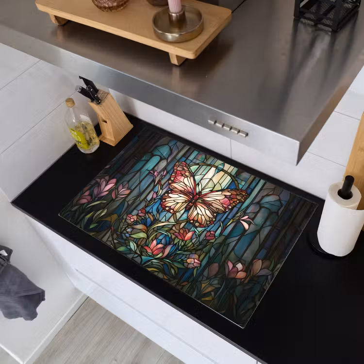 Vlinder - Roze - Bloemen - Bladeren Inductie beschemer met haakjes klein -sfeer1