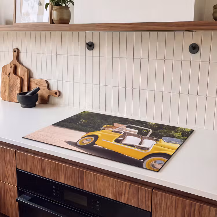 Auto - Picknick - Zomer - Geel Inductie beschemer met haakjes klein -sfeer1