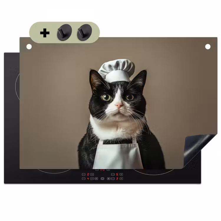 Kat - Kokskleding - Zwart - Wit Inductie beschemer met haakjes klein -3d
